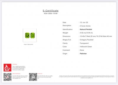 Certificate Pair of peridots yellow green octagon cut 8.96 carats, Pakistan 