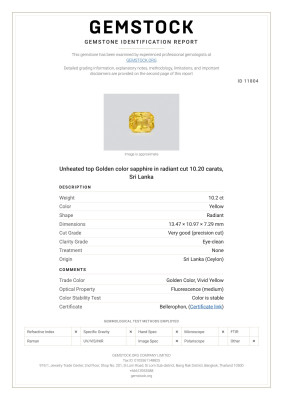 Certificate Unheated top Golden color sapphire in radiant cut 10.20 carats, Sri Lanka