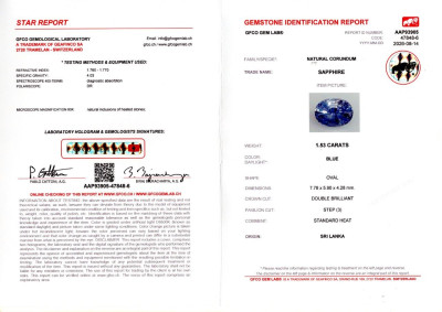 Certificate Blue sapphire oval cut 1.53 carats, Sri Lanka