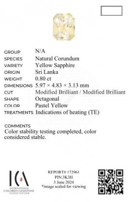Certificate Yellow sapphire radiant cut 0.80 carat, Sri Lanka