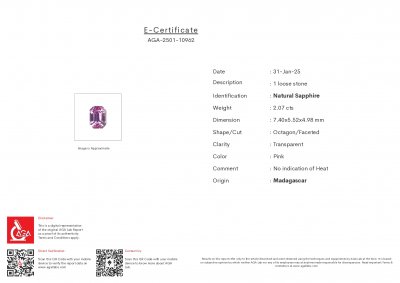 Certificate Unheated Baby Pink sapphire in octagon cut 2.07 carats, Madagascar