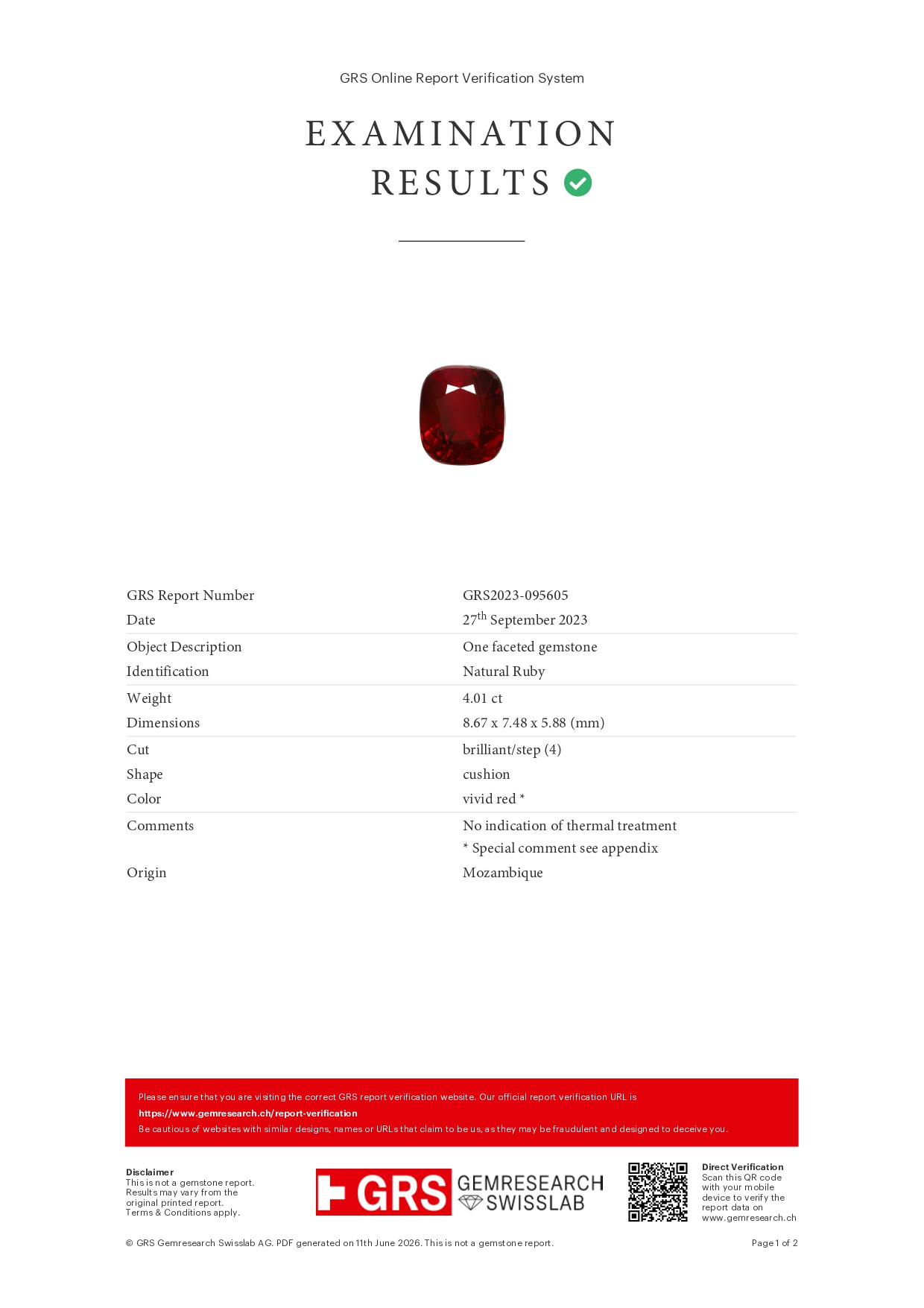 Unheated ruby Pigeon’s blood cushion cut 4.01 carats, Mozambique Image №6