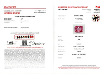 Certificate Pink spinel cushion cut 1.03 carats, Burma