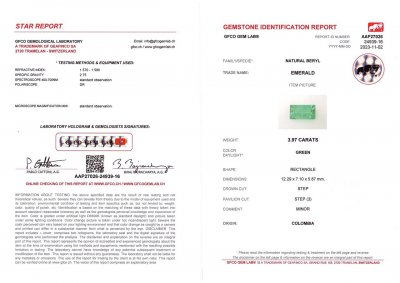 Certificate Colombian Vivid Green emerald in baguette cut 3.97 ct