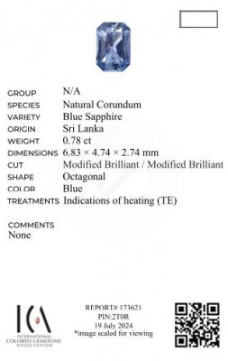 Certificate Blue sapphire in radiant cut 0.78 carats, Sri Lanka
