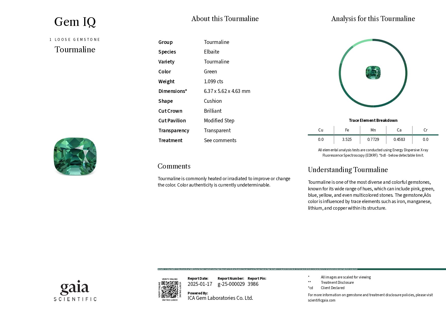 Green tourmaline сushion сut  1.10 carats, Afghanistan  Image №6