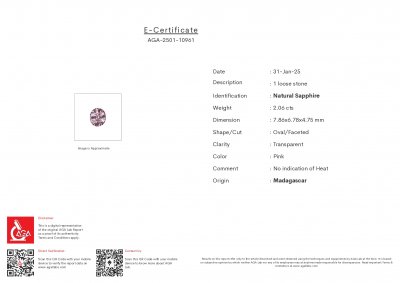 Certificate Unheated Baby pink sapphire in oval cut 2.06 carats, Madagascar
