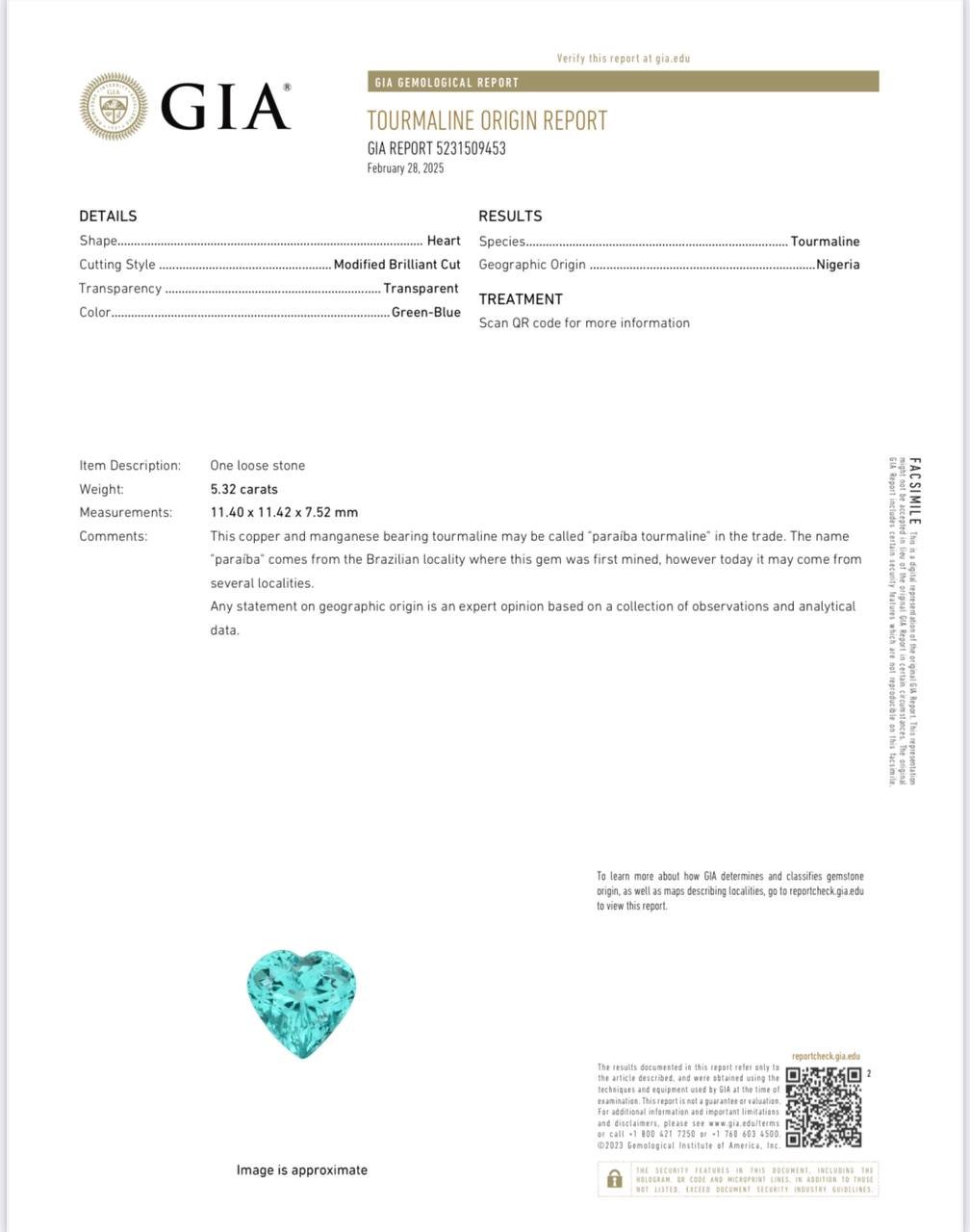Neon Blue tourmaline Paraiba heart cut 5.32 carats, Nigeria Image №6