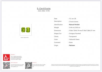 Certificate Pair of peridots yellow green octagon cut  6.24 carats, Pakistan 