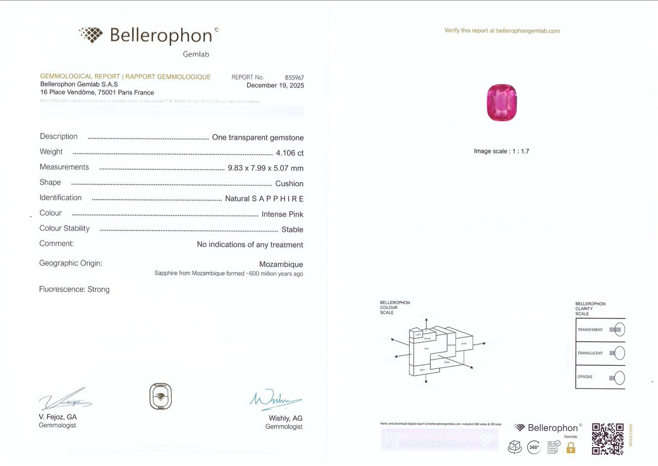 Unheated Intence Pink sapphire in cushion cut 4.11 carats, Mozambique Image №6