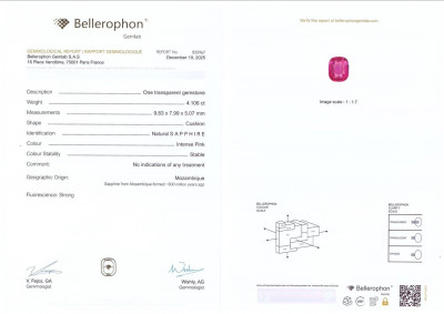 Certificate Unheated Intence Pink sapphire in cushion cut 4.11 carats, Mozambique