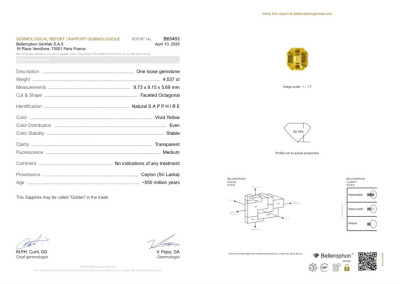 Certificate Unheated Golden Yellow sapphire in octagon cut 4.54 carats, Sri Lanka