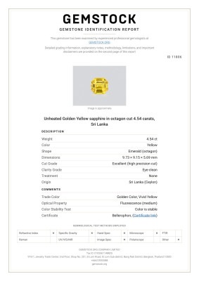 Certificate Unheated Golden Yellow sapphire in octagon cut 4.54 carats, Sri Lanka