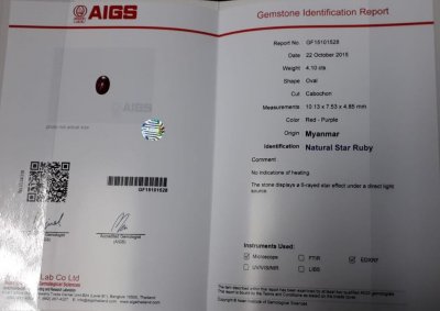 Certificate Unheated star ruby 4.10 ct Burma