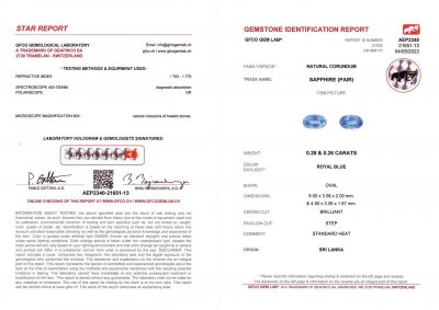 Certificate Pair of Royal Blue oval cut sapphires 0.54 ct, Sri Lanka