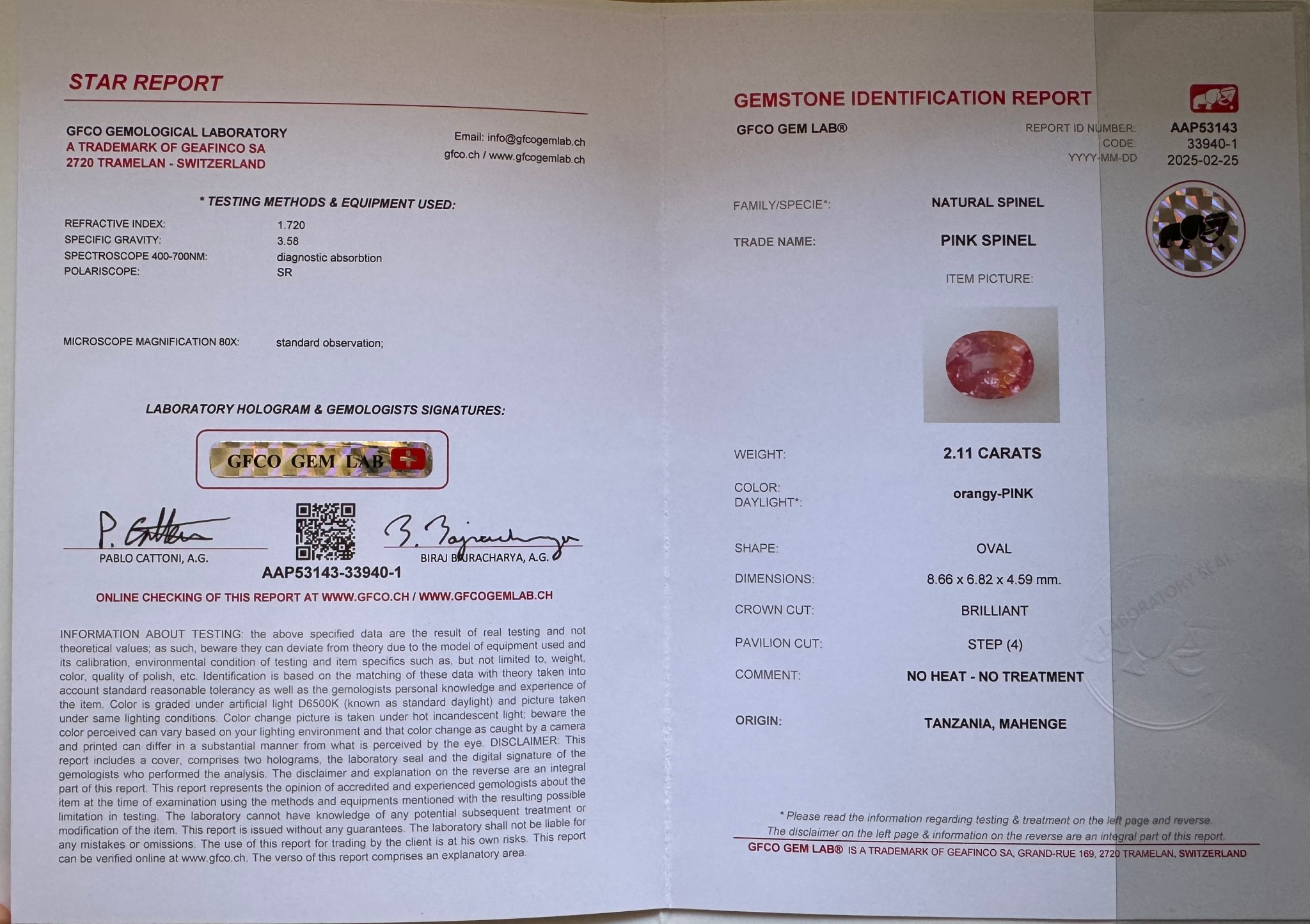 Pink-orange spinel in oval cut 2.11 carats, Tanzania Image №6
