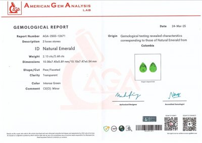 Certificate Pair of intense green emeralds in pear cut 4.81 carats, Colombia