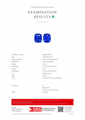 Certificate Pair of sapphires Royal Blue cushion cut 11.69 carats, Sri Lanka