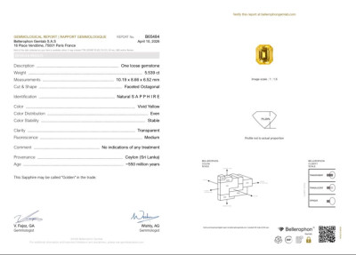 Certificate Unheated Golden Yellow sapphire in octagon cut 5.54 carats, Sri Lanka