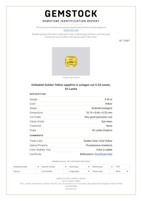 Certificate Unheated Golden Yellow sapphire in octagon cut 5.54 carats, Sri Lanka