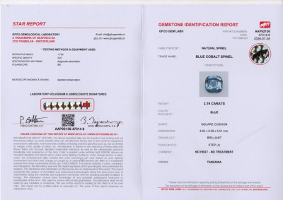 Certificate Cobalt spinel cushion cut 3.19 carats, Tanzania
