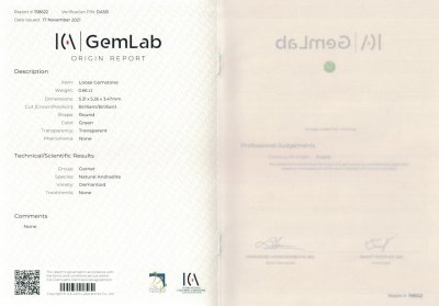 Certificate Russian demantoid 0.66 ct