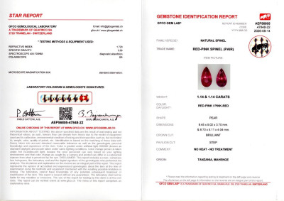 Certificate Pair of spinels red-pink Mahenge pear cut 2.28 carats, Tanzania