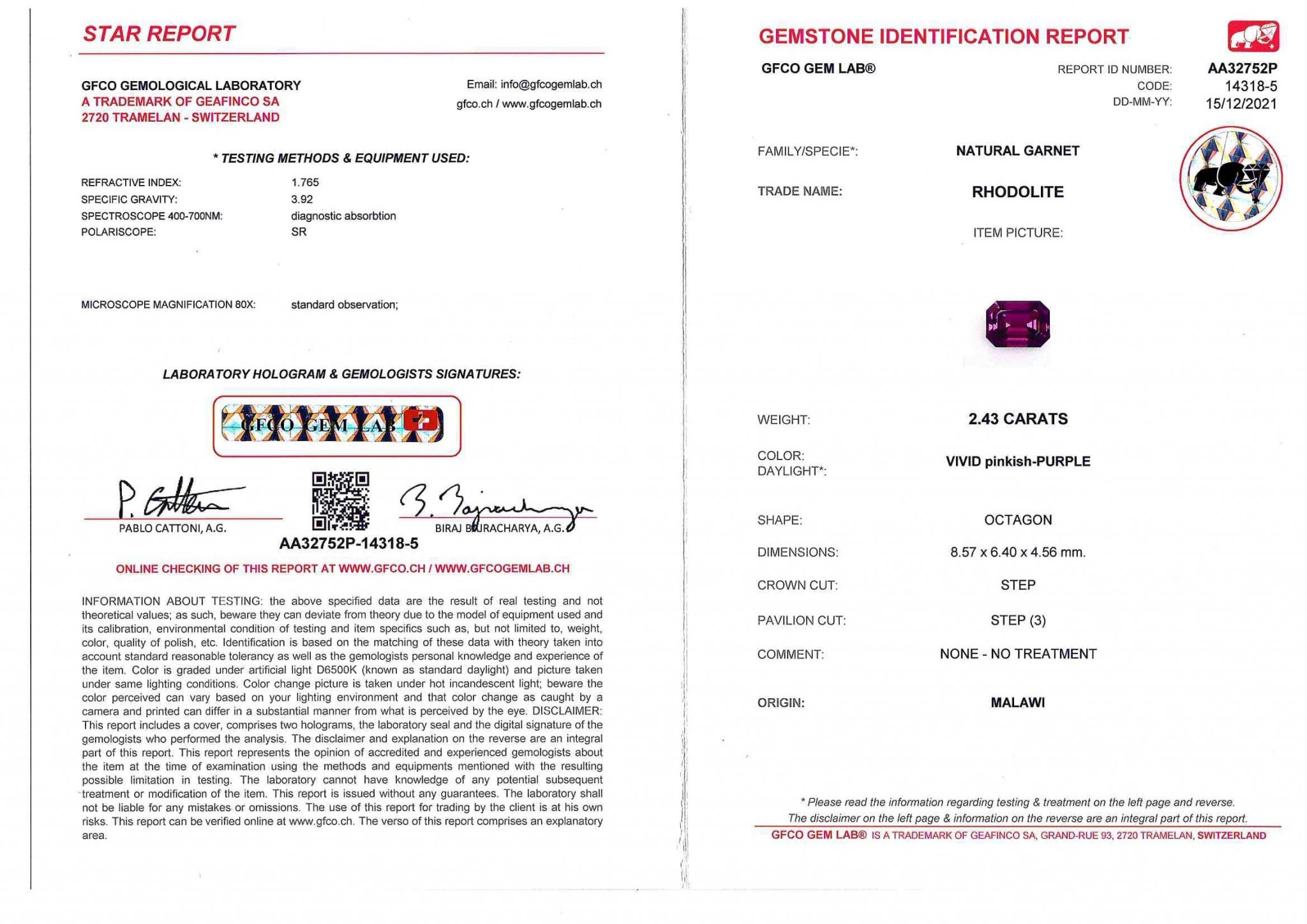 Octagon rhodolite garnet 2.43 ct, Malawi Image №5