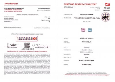 Certificate Contrasting pair of unheated sapphires 1.10 ct, Madagascar