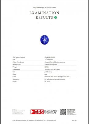 Certificate Large untreated Royal Blue star sapphire 22.14 ct, Sri Lanka, GRS