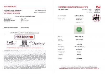 Certificate Vivid Green colombian emerald in cushion cut 1.48 ct