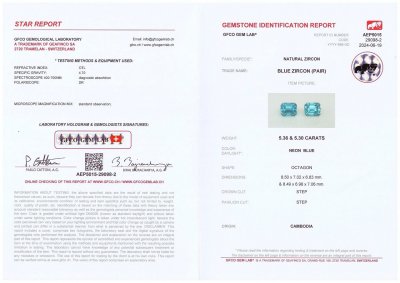 Certificate Pair of natural blue zircons in octagon cut 10.66 carat, Cambodia