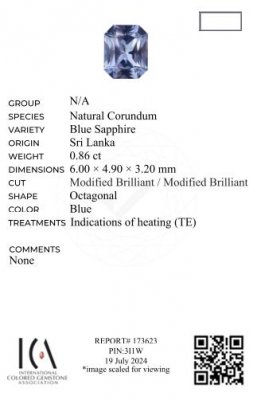 Certificate Pastel blue sapphire in radiant cut 0.86 carats, Sri Lanka