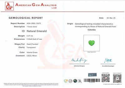 Certificate Intense green emerald in heart shape 2.27 carats, Colombia