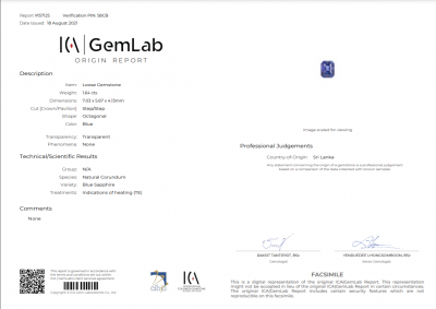 Certificate Octagon blue Ceylon sapphire 1.64 ct