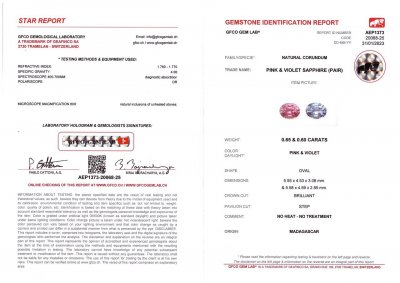 Certificate Contrasting pair of unheated oval cut sapphires 1.25 ct