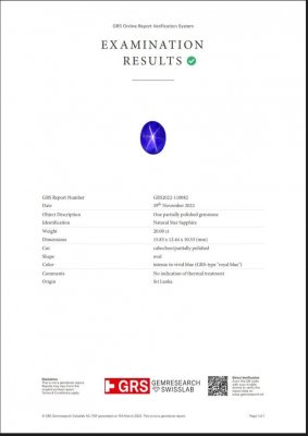 Certificate Royal Blue star sapphire untreated 19.17 ct, Sri Lanka, GRS