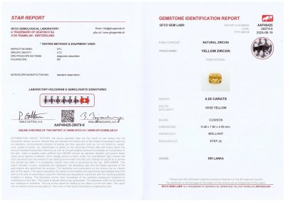 Certificate Golden yellow natural zircon in cushion cut 4.25 carats, Sri Lanka