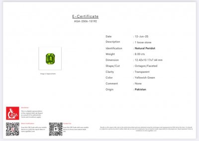 Certificate Peridot yellow green octagon cut 8.00 carats, Pakistan 