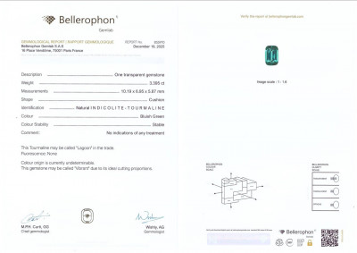 Certificate Vibrant Lagoon tourmaline in cushion cut 3.40 carats, Afghanistan