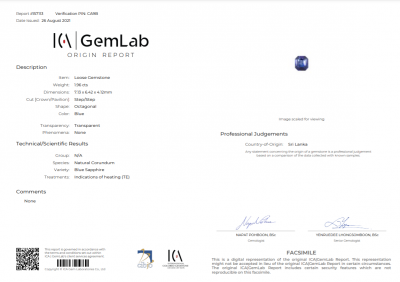 Certificate Octagon cut blue sapphire from Sri Lanka 1.96 ct