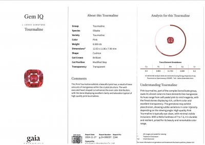 Certificate Cushion cut pink rubellite 8.94 carats 