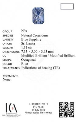 Certificate Paste blue sapphire in radiant cut 1.11 carats, Sri Lanka