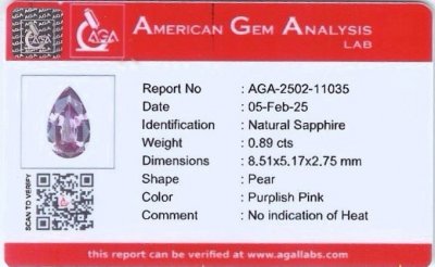 Certificate Unheated purple sapphire pear-cut  0.89 carats, Madagascar
