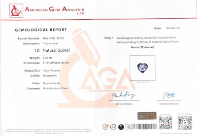 Certificate Purple spinel in heart shape 5.02 carats, Burma 