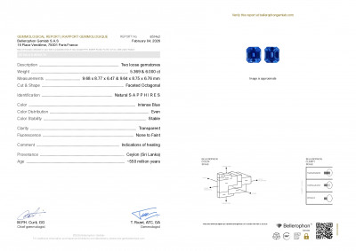 Certificate Pair of sapphires Intense Blue octagon cut 11.36 carats, Sri Lanka