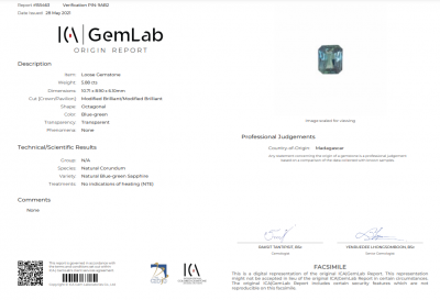 Certificate Unheated Teal sapphire 5.88 ct, Madagascar, ICA