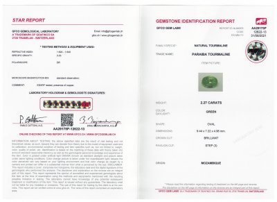 Certificate Paraiba tourmaline, neon green, oval cut, 2.27 ct, Mozambique