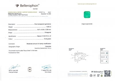 Certificate Colombian Vivid Muzo Green emerald 1.04 ct
