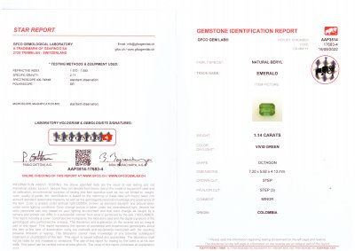 Certificate Vivid Green emerald 1.14 carats, Colombia